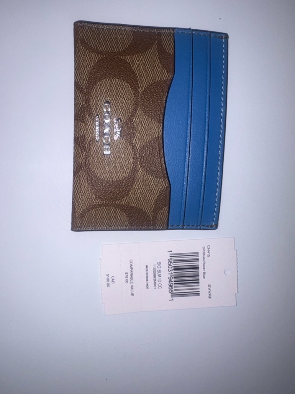 NEW!! Coach Brown Signature Canvas Card Holder with Blue Leather Accents